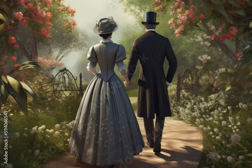 Woman and man dressed in Victorian era 19th century clothing walk through green park in springtime. The woman in dress, man in suit, back side view, created with Generative AI Technology