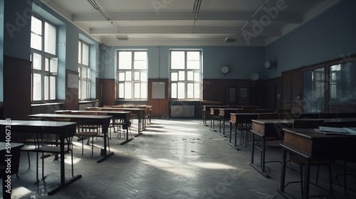 A destroyed school classroom with broken windows. AI generated