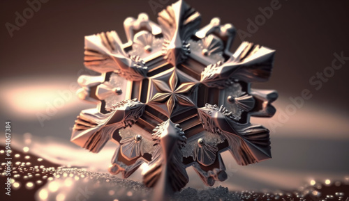 Macro structure of a crystalline snowflake frozen in an abstract ornament. Created with AI.