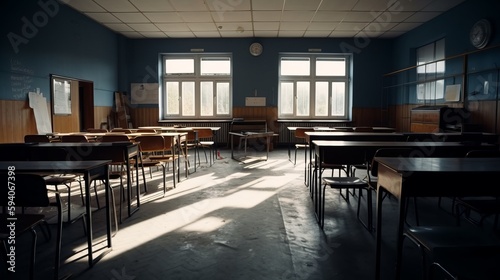 A destroyed school classroom with broken windows. AI generated