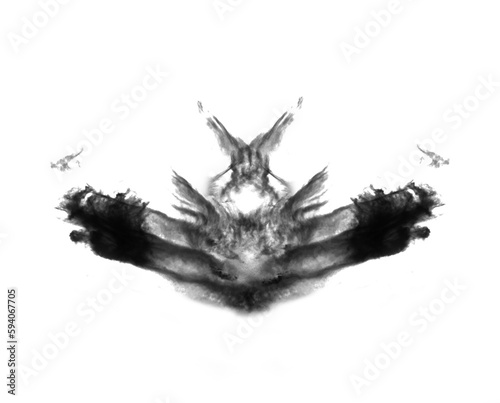 Black, inkblot and Rorschach test isolated on png or transparent background, psychology and smoke cloud. Mental health, mist or fog, powder spray and steam or psychiatric evaluation