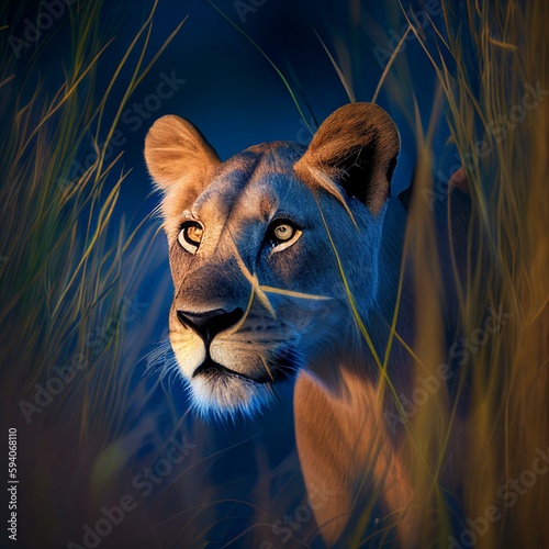 Majestic Lioness in the Wild: Captivating Morning Stalk in Cool Blue Lighting.  photo