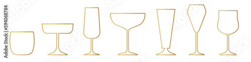 set of golden line icons of different cocktail, champagne, juice, wine glasses - vector illustration