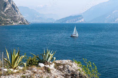 Italian lake Garda with a floating yacht in the background of Alps mountains with aloe in the foreground. View from Limone sul Garda photo