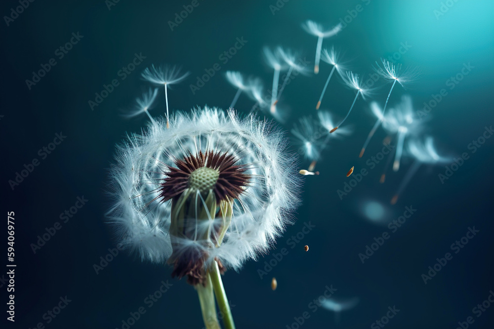 Fototapeta premium andelion with seeds blowing away in the wind in blue sky. Generative Ai.