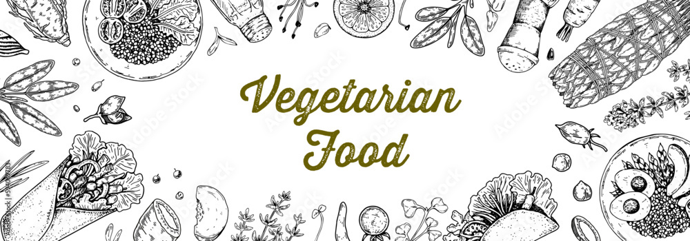 Vegetarian food background. Hand drawn vector illustration in sketch ...