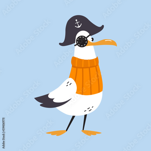 Gull Character with Webbed Feet Wearing Sweater and Pirate Hat with Eye Patch Vector Illustration
