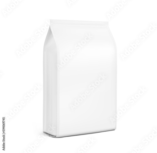 Hyper realistic vertical gusseted flat bottom bag mockup. Half side view. Vector illustration isolated on white background. Can be use for template your design, presentation, promo, ad. EPS10.