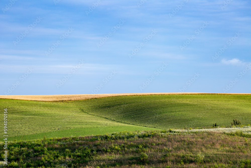 Endless farm fields on the slopes of the hills are sown with various crops. Peaceful rural landscape. Summer evening in the western Ukraine near Rivne city.