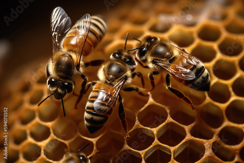 Bee on a honeycomb. World bee day background. Generative Ai. © vetre