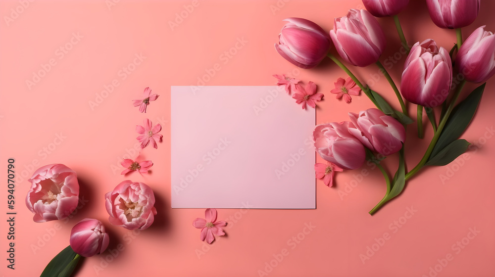 Light pink card on a background with tulip flowers. Generative AI