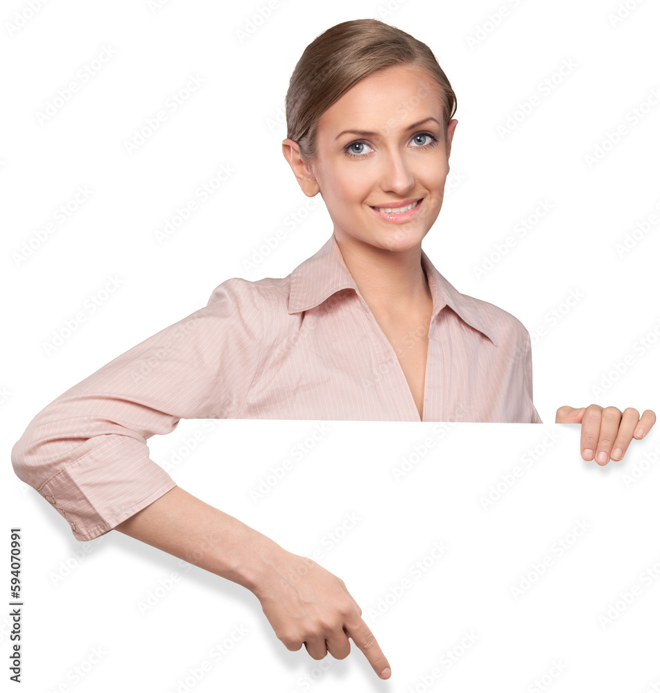 Portrait of Woman Behind Blank Wall Pointing Finger