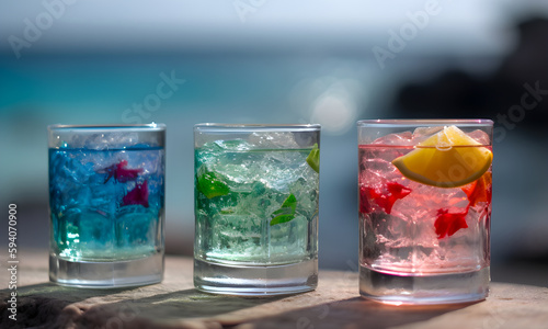 Fresh cold cocktails on tropical beach. Summer sea vacation and travel concept with copy space
