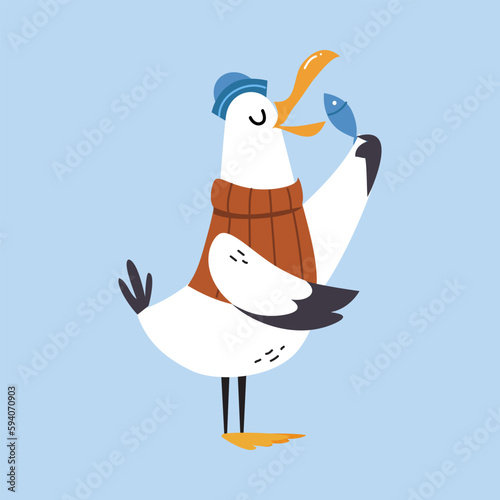 Gull Character with Webbed Feet Wearing Sweater and Peakless Hat Eating Fish Vector Illustration