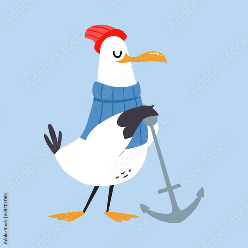 Gull Character with Webbed Feet Wearing Sweater and Hat with Anchor Vector Illustration