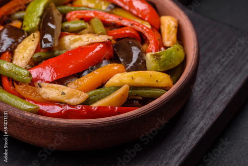 Delicious vegetables steamed peppers, asparagus beans and potatoes