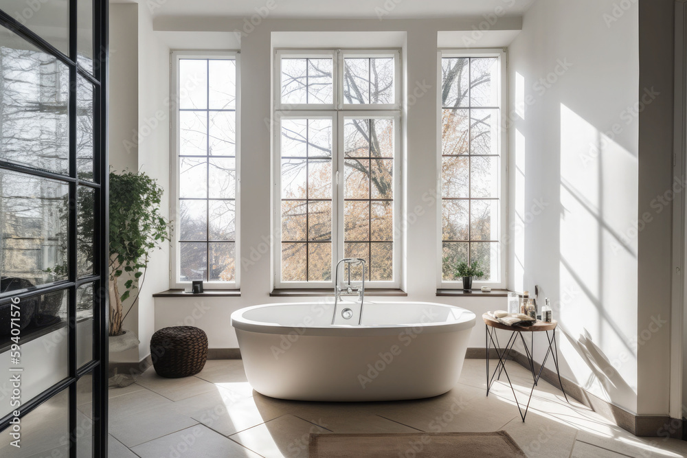 Modern bathroom with big windows and an oval tub. Generative AI Modern bathroom with big windows and an oval tub. Generative AI