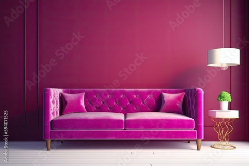 Interior of the room in plain monochrome magenta color with furnitures and a sofa. Generative AI