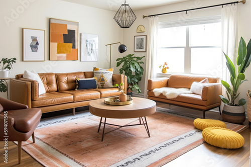 Mid-century modern living room with tan leather sofa, geometric rug and art prints. Generative AI