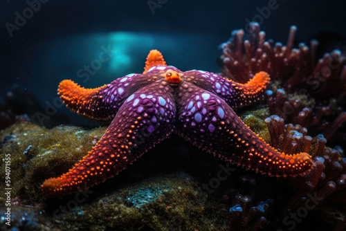 Sea star in a reef colorful underwater landscape background. Star fish in tropical seashore. Generative AI © barmaleeva