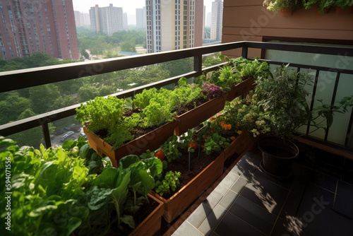 A vegetable and herb garden on a metropolitan apartment balcony with plants growing up the sides. Generative AI