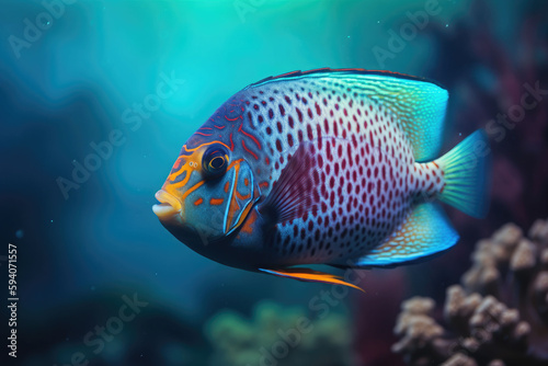 A colorful fish swimming at the bottom of the sea. Coral reef and fish. Generative AI © barmaleeva