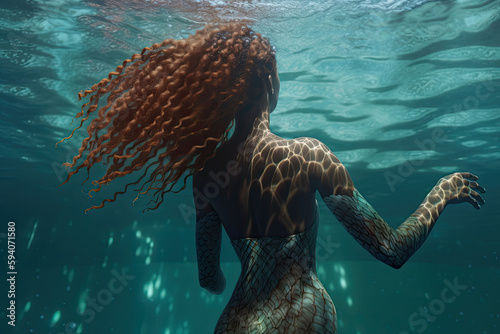 A black-skinned mermaid with red hair floating under the water. Generative AI
