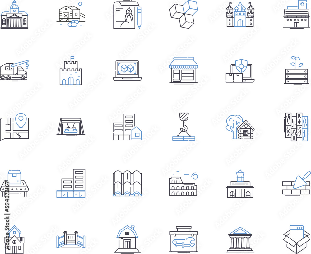 Structure reconstruction line icons collection. Renovation, Refurbishment, Rehabilitation, Restitution, Restoration, Overhaul, Rebuilding vector and linear illustration. Refitting,Recuperating
