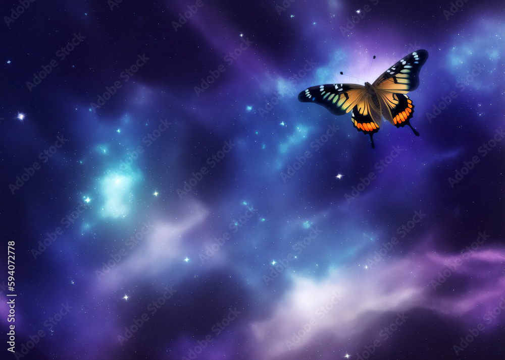 A butterfly flying into a galaxy. Dreamy illustration. Generative AI.
A butterfly flying into a galaxy. Dreamy illustration. Generative AI.