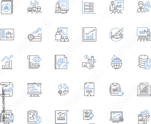 Statistic representation line icons collection. Graphs, Charts, Diagrams, Infographics, Tables, Visualizations, Bar vector and linear illustration. Line,Pie,Scatterplot outline signs set photo