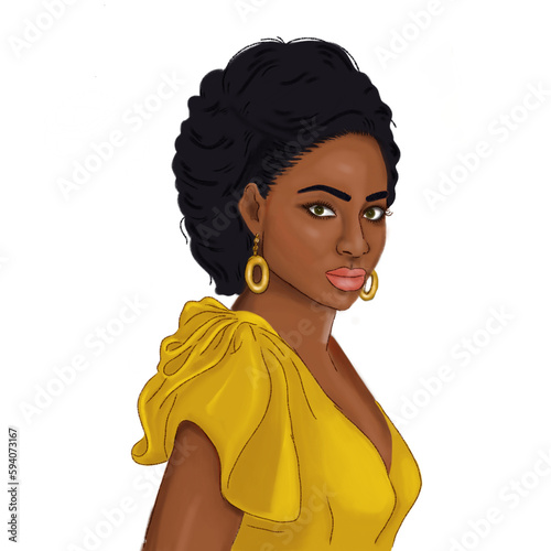 Mujer afro mexicana mirando orgullosa al frente en vestido amarillo. Retrato, ilustración con transparencia. IA generativa. photo