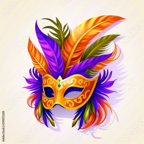 Mardi gras. Mask with feathers, festival bright colours. Icon, clipart for website, holiday, travel, festival application. Mardi gras party invitation. Flat illustration, cartoon style.