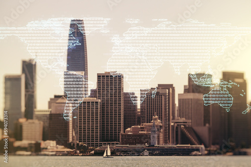 Abstract creative digital world map on San Francisco cityscape background, globalization concept. Multiexposure