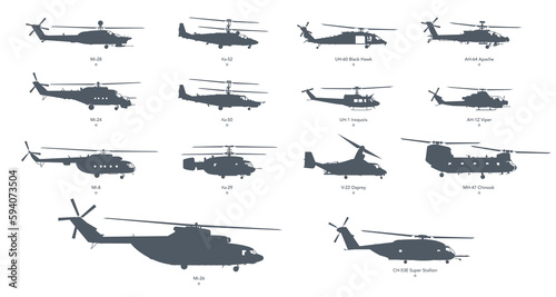 Military helicopter icon set. Helicopter silhouette on white background. Vector illustration photo