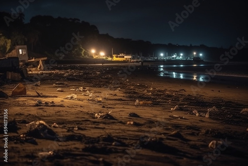 Dirty beach environment from plastic garbage with outdoor low lighting Generative AI