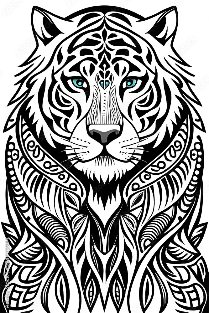digital illustration, abstract TIGER pattern, black and white folklore motif, isolated on white background, vector texture, bear design in the middle, modern fashion print --ar 2:3--c 5 --v 5