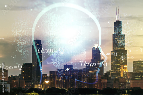 Abstract virtual artificial Intelligence concept with human head sketch on Chicago cityscape background. Double exposure