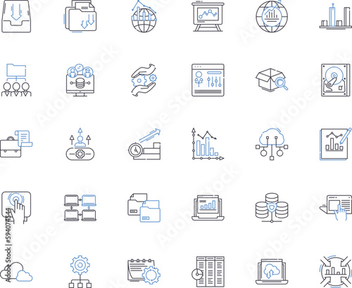 Records and machinery line icons collection. ecords, Archives, Inventory, History, Log, Catalog, Ledger vector and linear illustration. Registry,Report,Database outline signs set