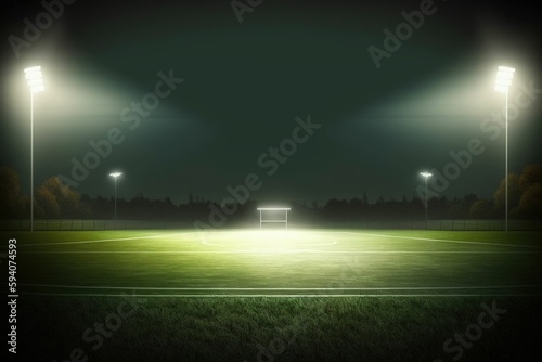 Green Soccer Field with Bright Spotlights, Realistic Soccer Field at Night. © Yeashin