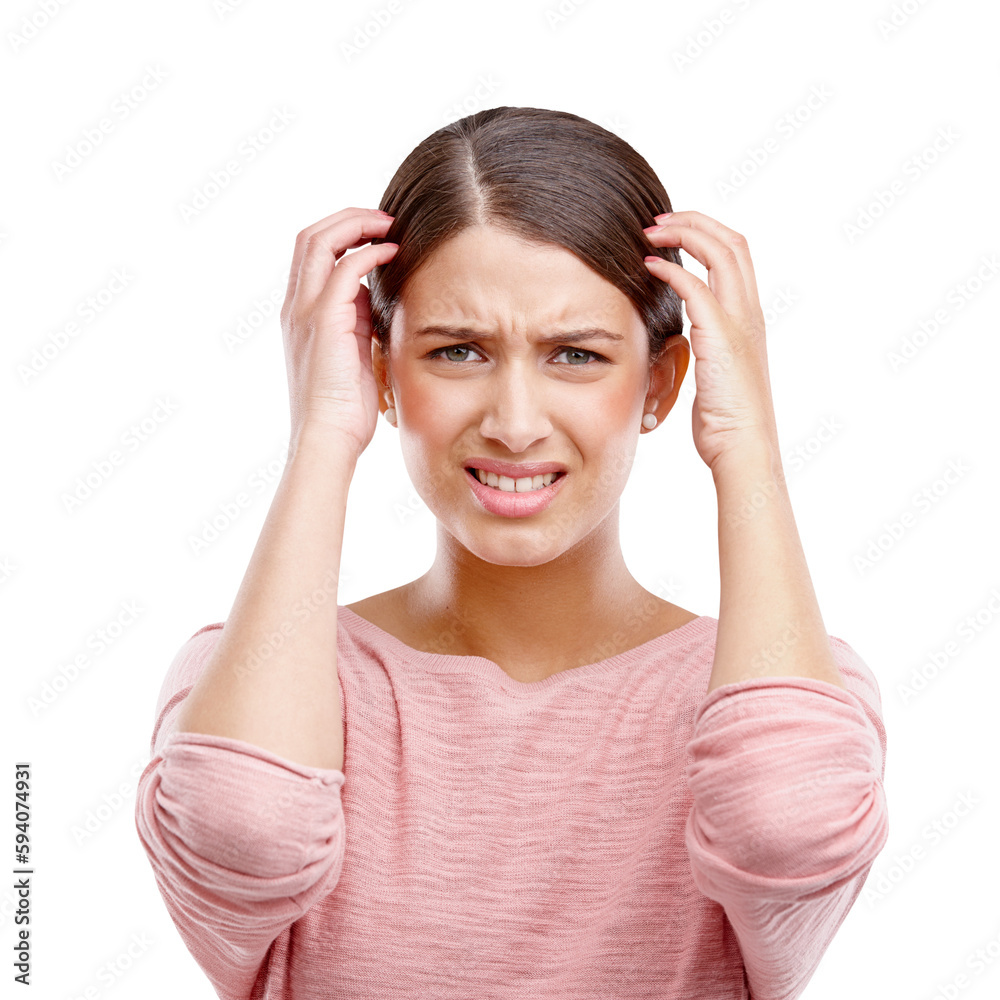 Portrait, stress and frustrated with woman in pain with anxiety, depression and burnout fatigue. Mental health, sad and headache with face of girl for mistake isolated on a transparent png background Portrait, stress and frustrated with woman in pain with anxiety, depression and burnout fatigue. Mental health, sad and headache with face of girl for mistake isolated on a transparent png background