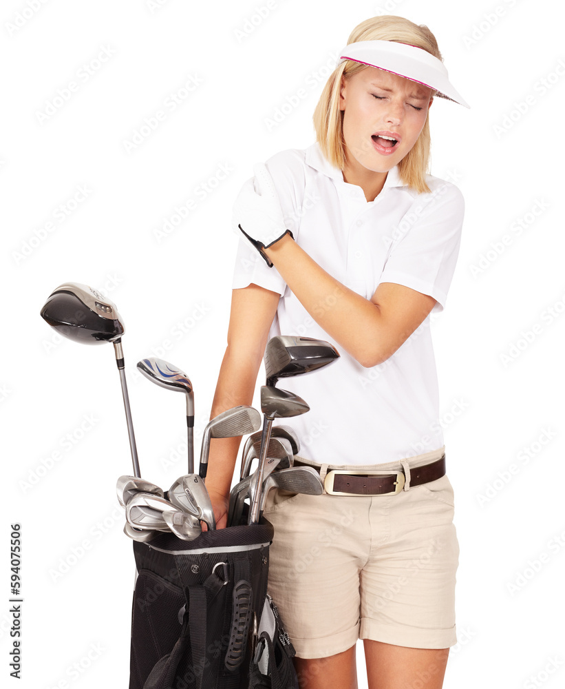 Sports injury, arm pain and woman with a golf bag and clubs isolated on