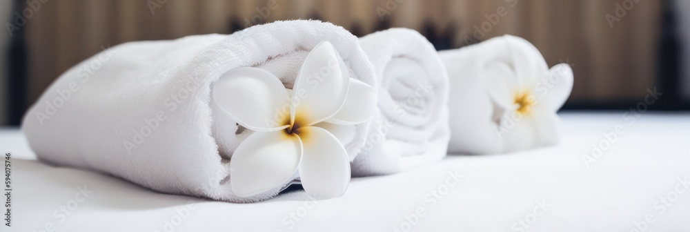 white towels rolled up and decorated with a flower lie on the couch for Thai massage. Generative AI