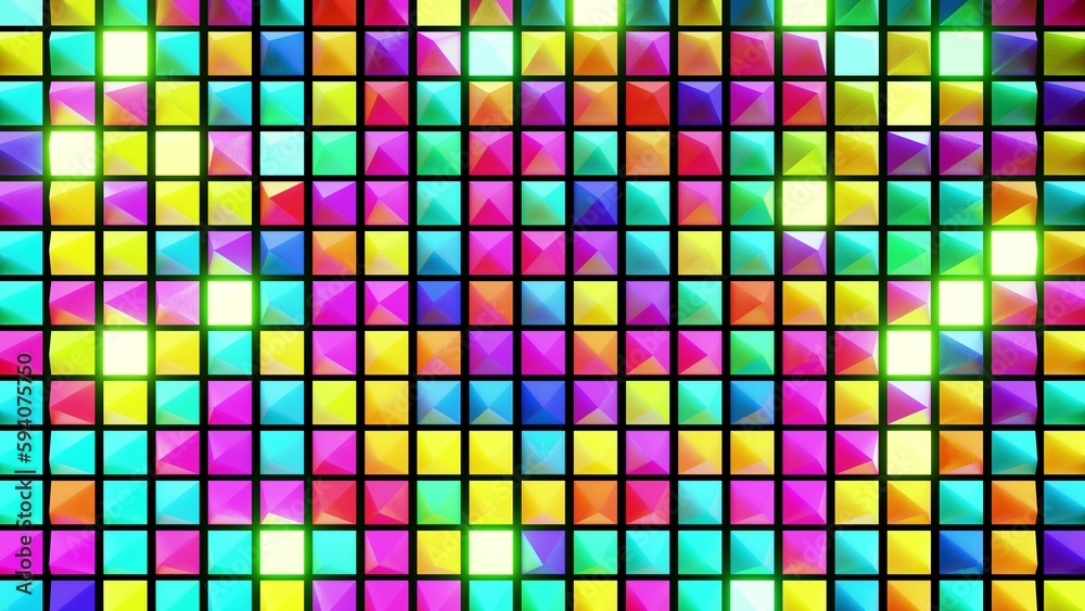 3d render. Abstract festive background with multi-colored pyramids on a plane flashing neon light randomly. 3d render. Abstract festive background with multi-colored pyramids on a plane flashing neon light randomly.