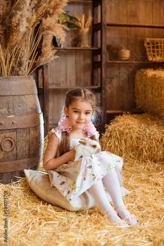 a girl with two bows in the shape of roses on her hair sits on a white pillow, and holds a white rabbit against the background of the barn. photo