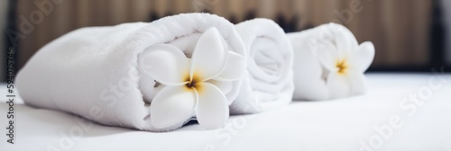 white towels rolled up and decorated with a flower lie on the couch for Thai massage. Generative AI