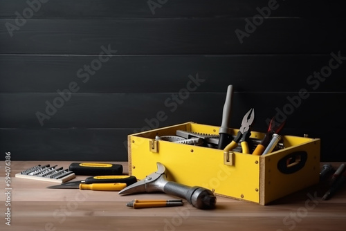Vários kit de ferramentas amarelo para D.I.Y. em caixa de madeira colocada na mesa de madeira com parede cinza photo