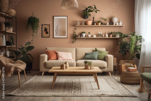 Cozy living room with beige sofa, plants, shelf, rug. Generative AI