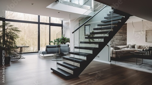 a beautiful staircase in the hall, glass design