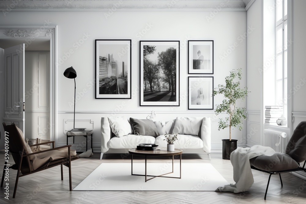 White living room with seating and poster. Generative AI White living room with seating and poster. Generative AI