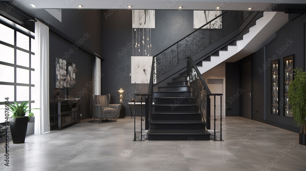 Fototapeta premium a beautiful staircase in the hall, black design